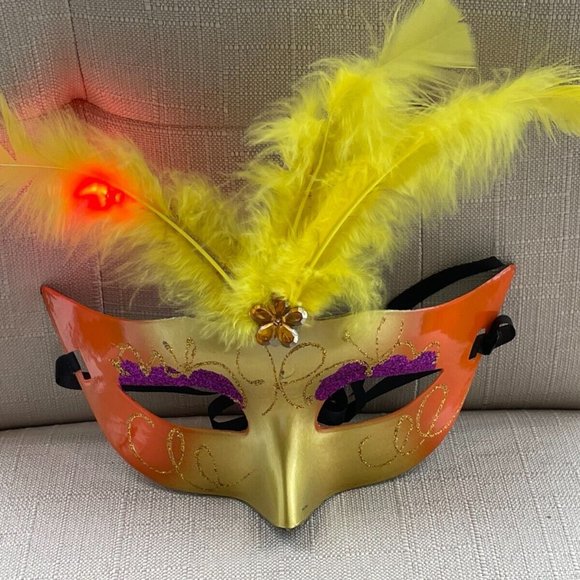 Eye Mask Yellow Faux Feather Mask Masquerade Light Up Mask Women Mask - Picture 7 of 10